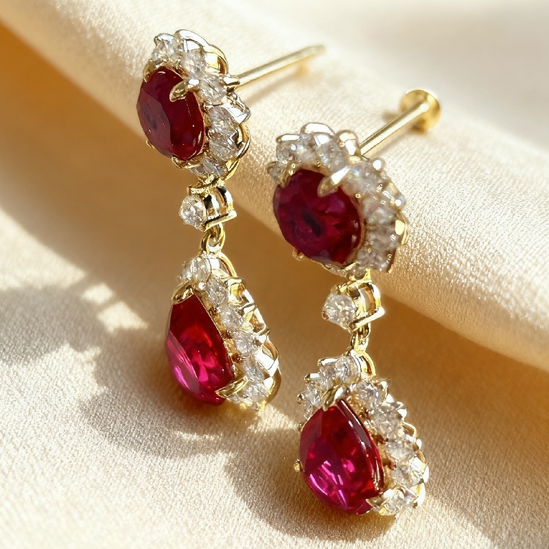 S925 Silver Ruby Round & Pear Cut Dangle Drop Earrings With Silver Shine - Image 5