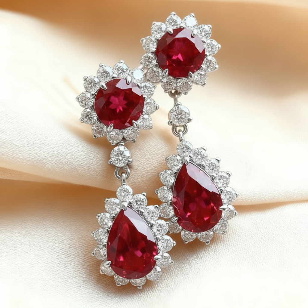 S925 Silver Ruby Round & Pear Cut Dangle Drop Earrings With Silver Shine - Image 6