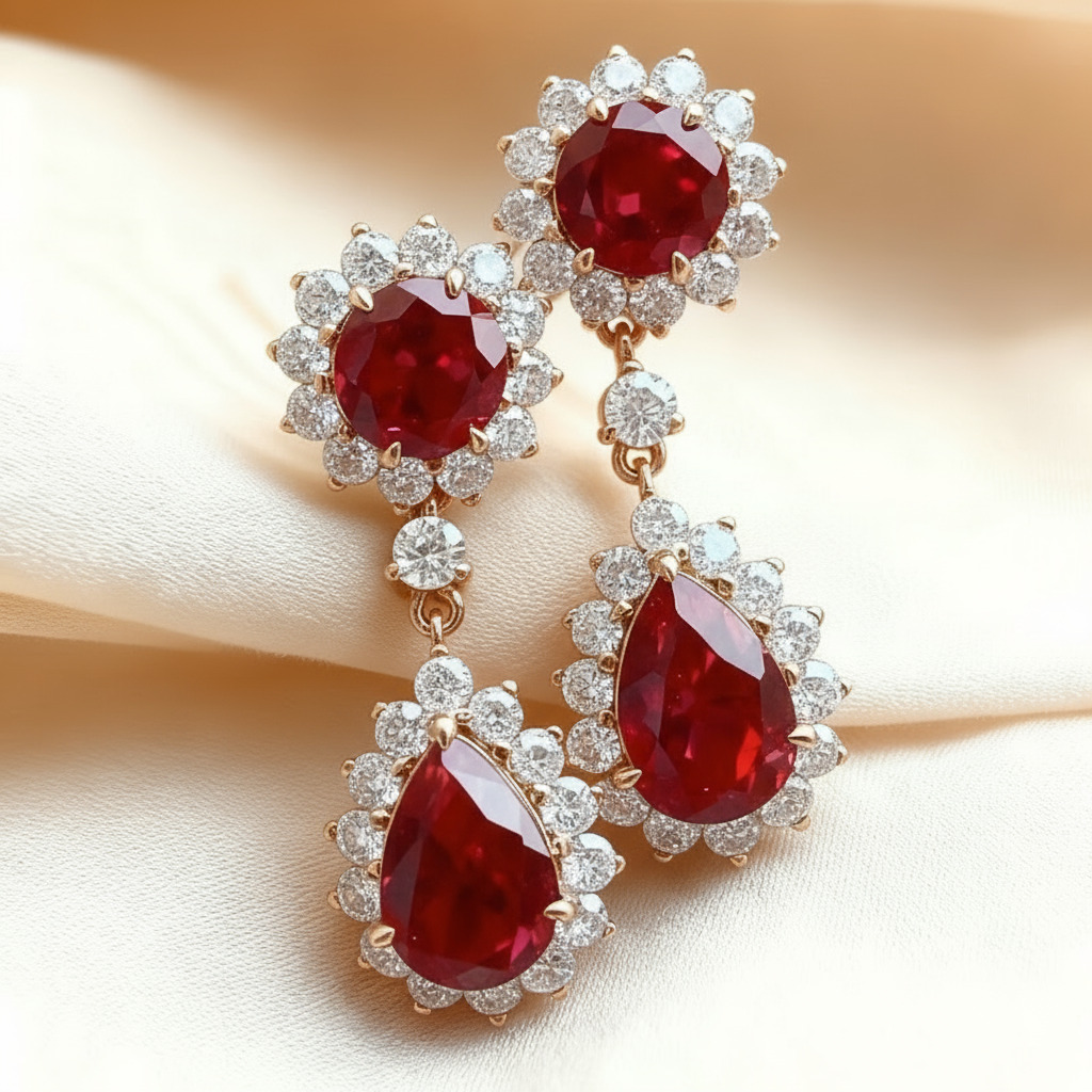 S925 Silver Ruby Round & Pear Cut Dangle Drop Earrings With Silver Shine - Image 7