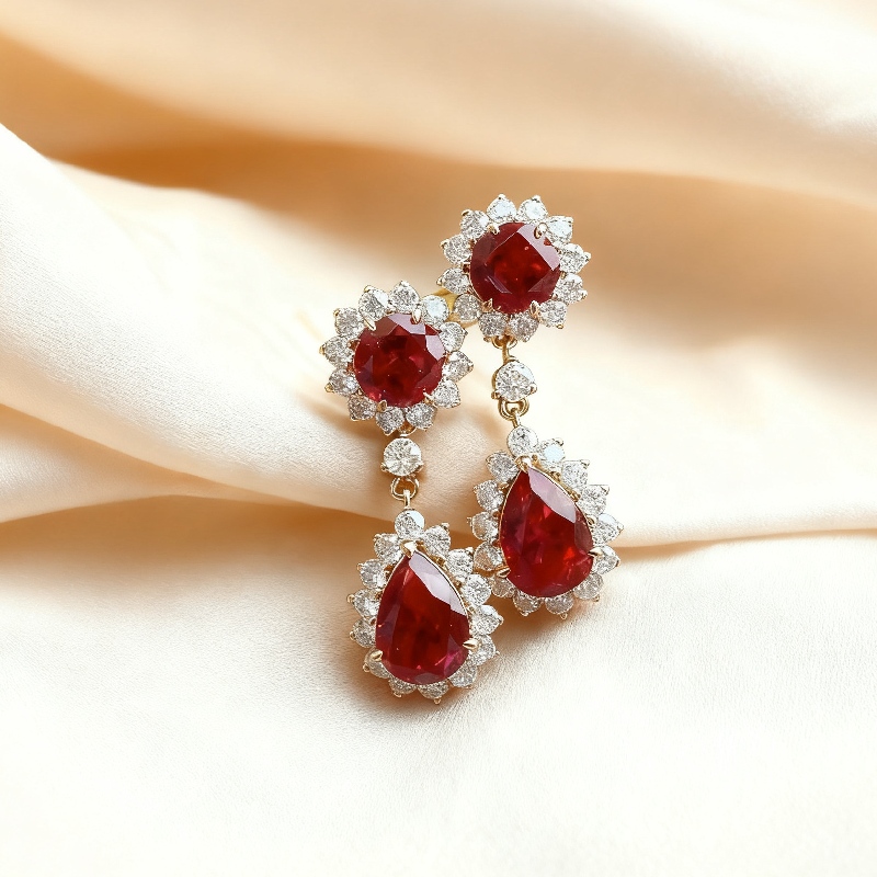 S925 Silver Ruby Round & Pear Cut Dangle Drop Earrings With Silver Shine