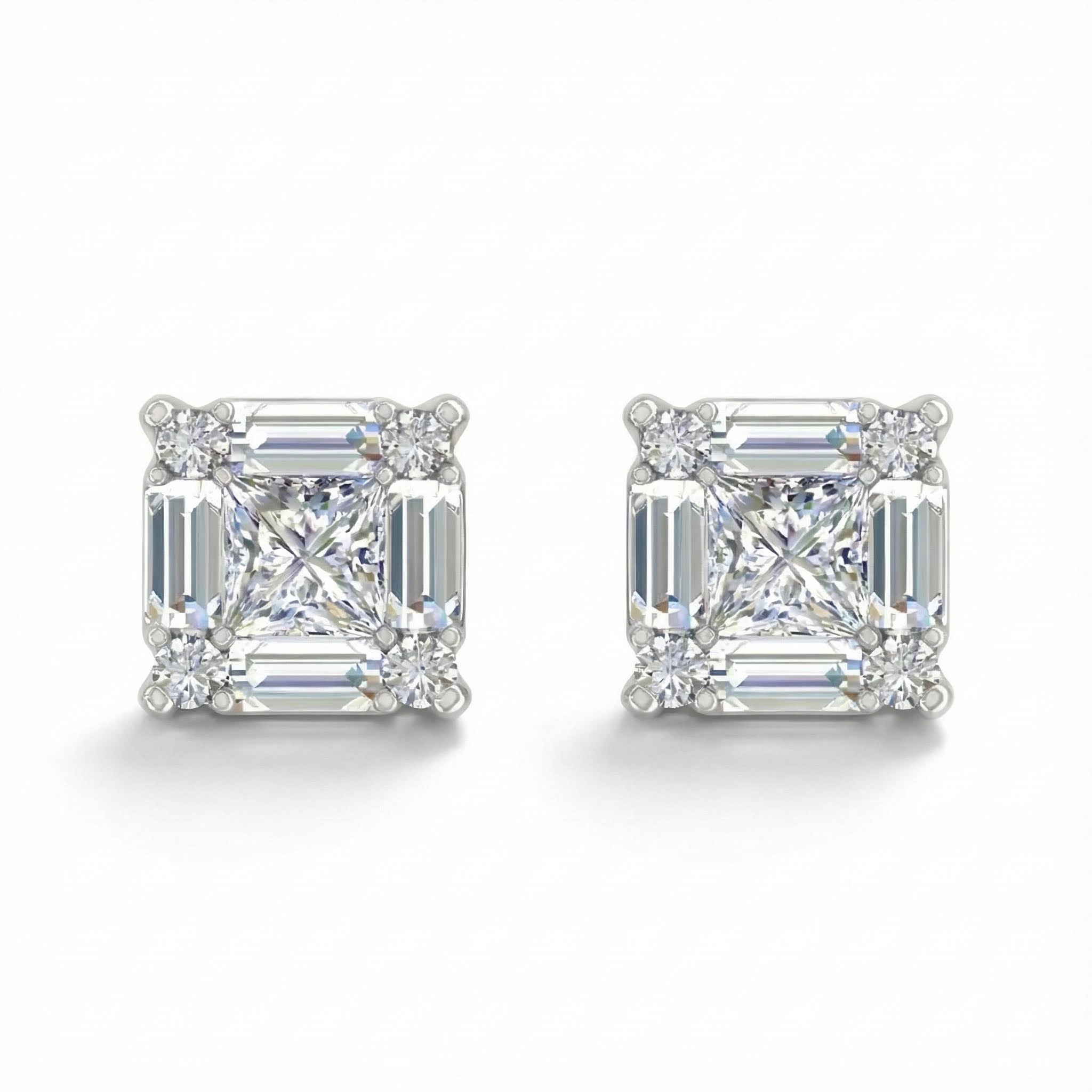 Princess & Baguette Cut Vvs Moissanite S925 Silver Stud Earrings Iced Out