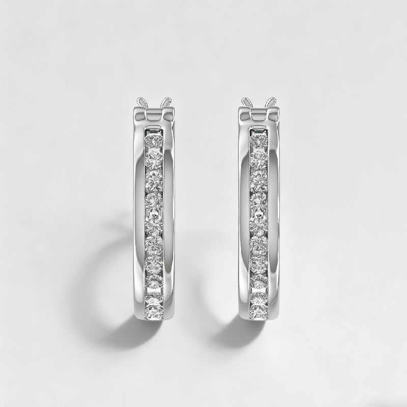 S925 Silver Round Diamond Channel Set Diamond Hoop Earrings Moissanite - Image 4