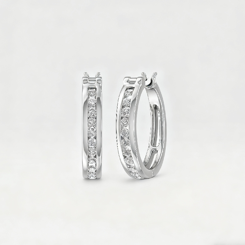S925 Silver Round Diamond Channel Set Diamond Hoop Earrings Moissanite