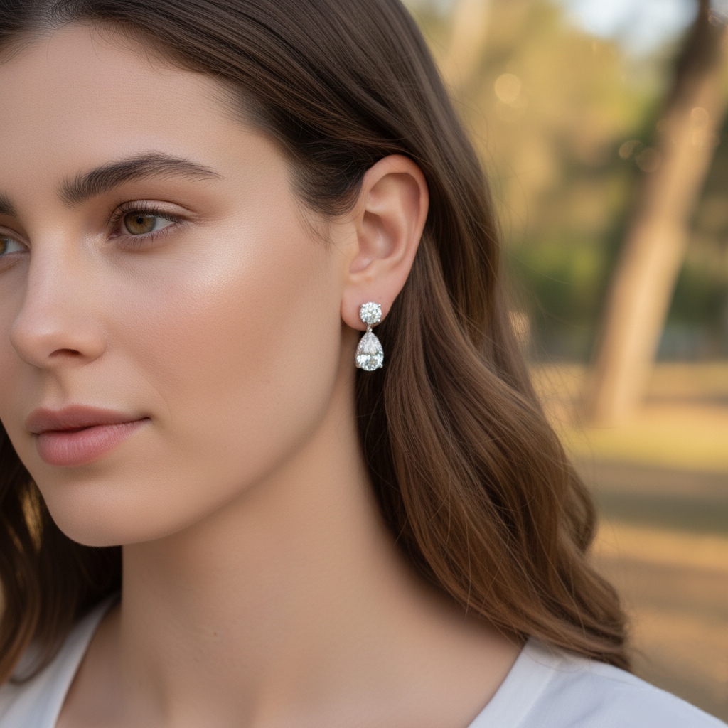 S925 Silver Pear And Round Brilliant Cut Diamond Drop Earrings Moissanite - Image 3