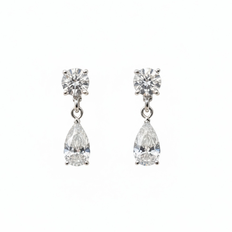 S925 Silver Pear And Round Brilliant Cut Diamond Drop Earrings Moissanite