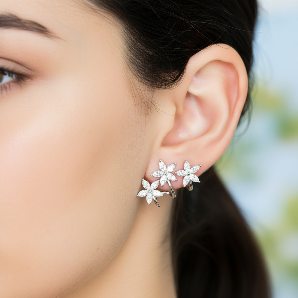 S925 Silver Marquise Cut Diamond Flower Climber Earrings Moissanite - Image 4