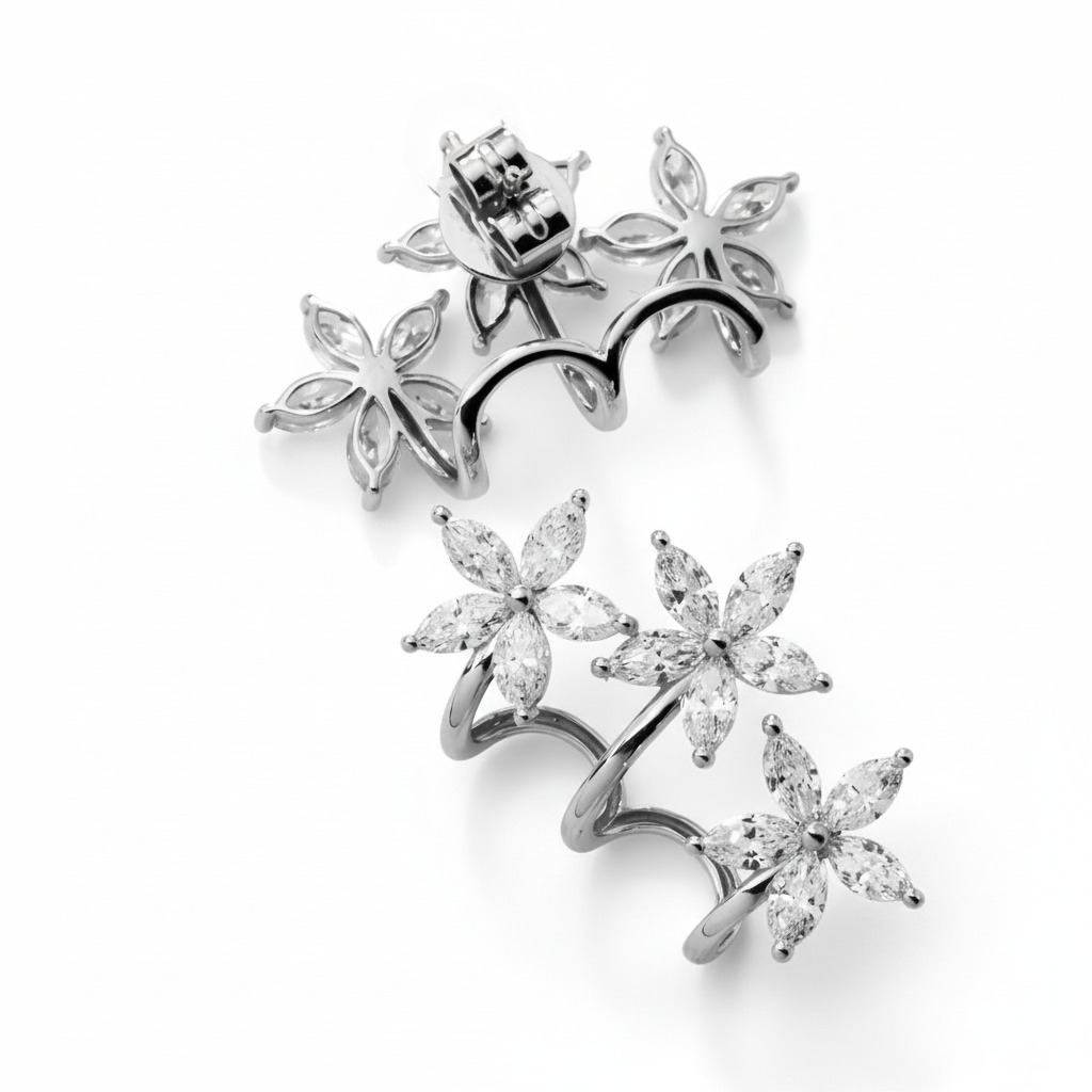 S925 Silver Marquise Cut Diamond Flower Climber Earrings Moissanite - Image 5