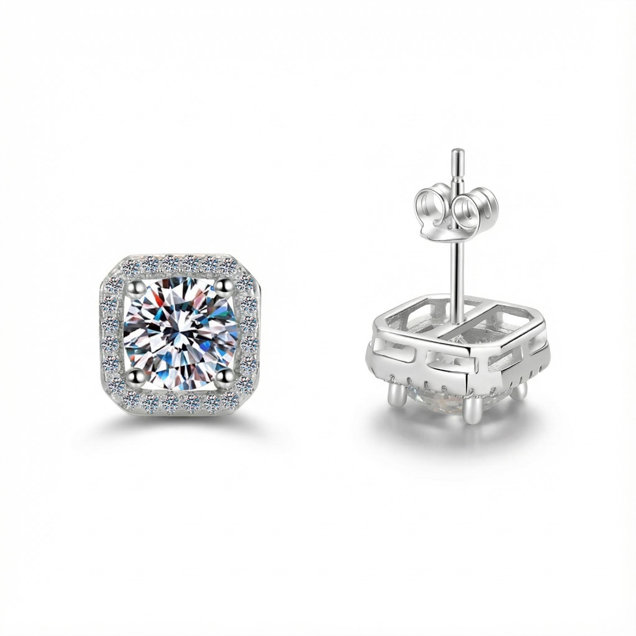 0.5ct/1ct Round Cut Vvs Moissanite S925 Silver Square Halo Stud Earrings - Image 5