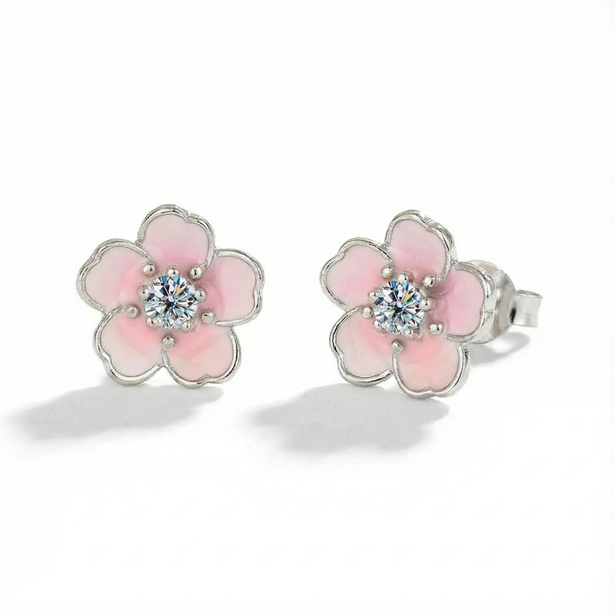 Round Cut Vvs Moissanite S925 Silver Pink Flower Stud Earrings Iced Out - Image 4