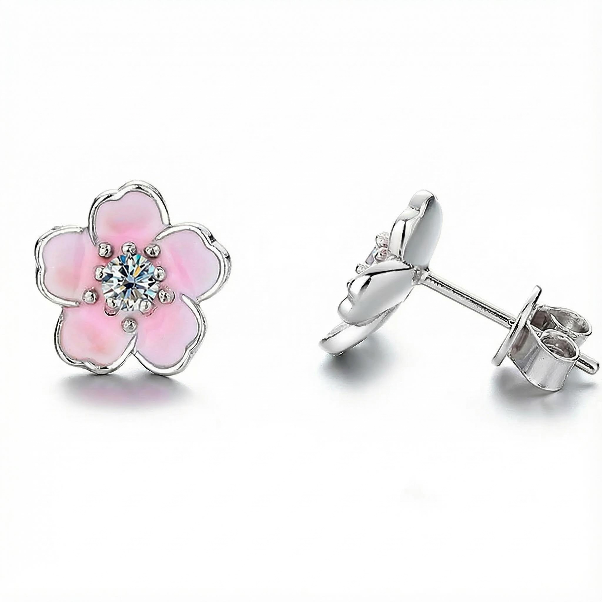 Round Cut Vvs Moissanite S925 Silver Pink Flower Stud Earrings Iced Out - Image 5