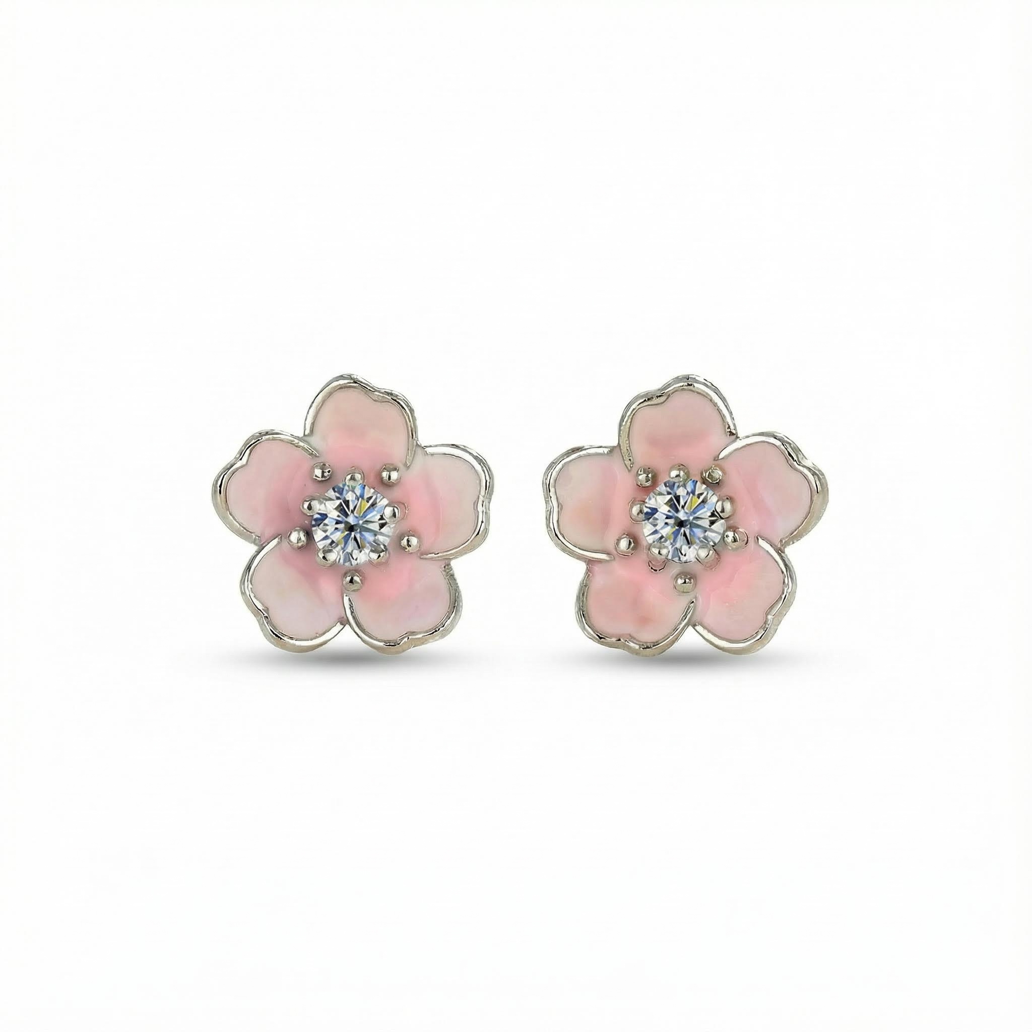 Round Cut Vvs Moissanite S925 Silver Pink Flower Stud Earrings Iced Out