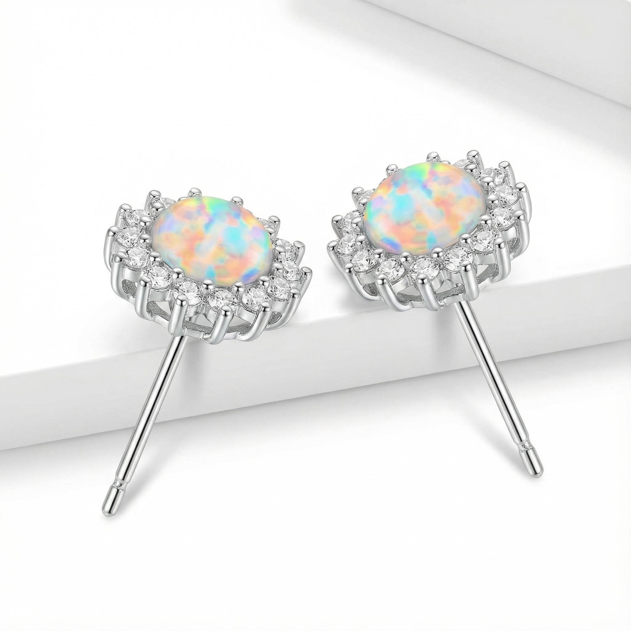8mm S925 Silver Opal Flower Halo Stud Earrings With Iced Out Shine - Image 3