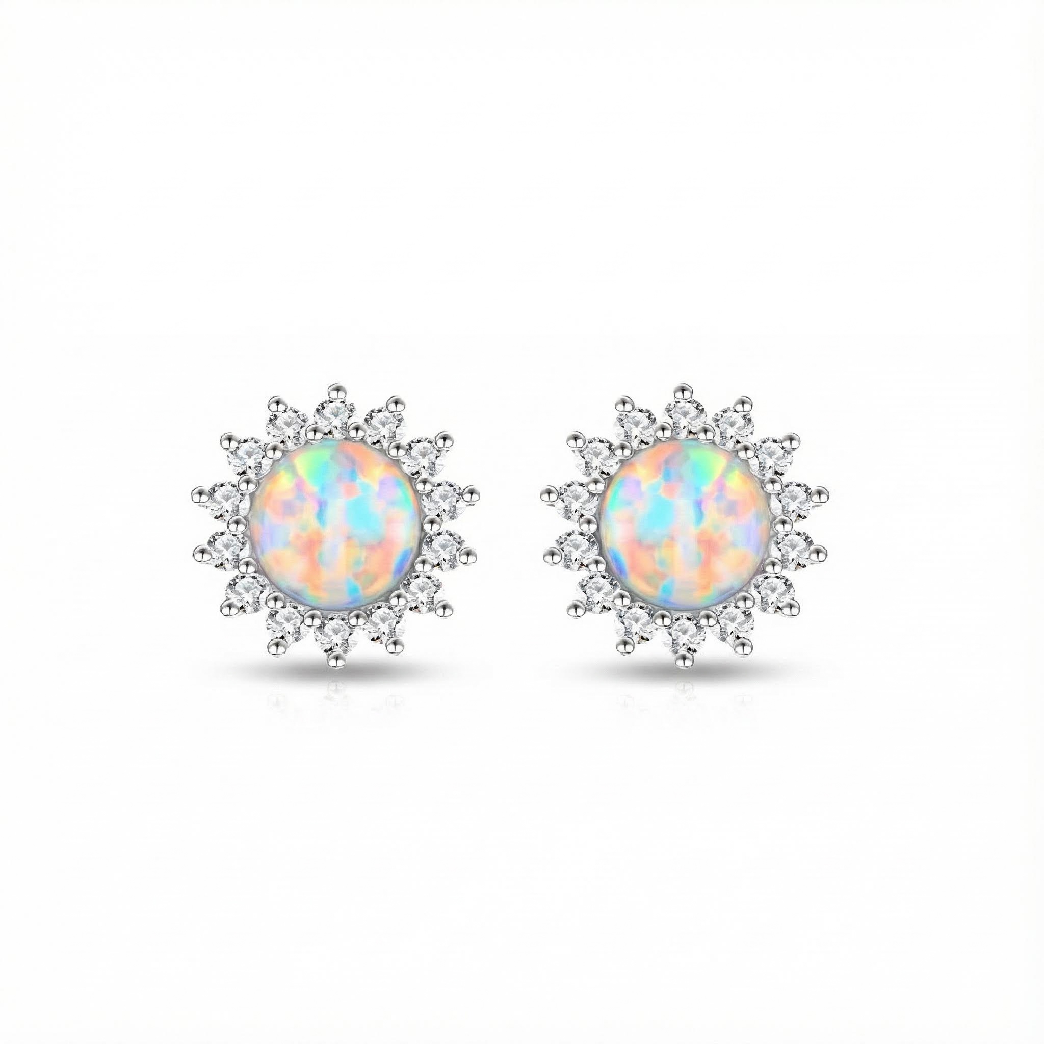 8mm S925 Silver Opal Flower Halo Stud Earrings With Iced Out Shine