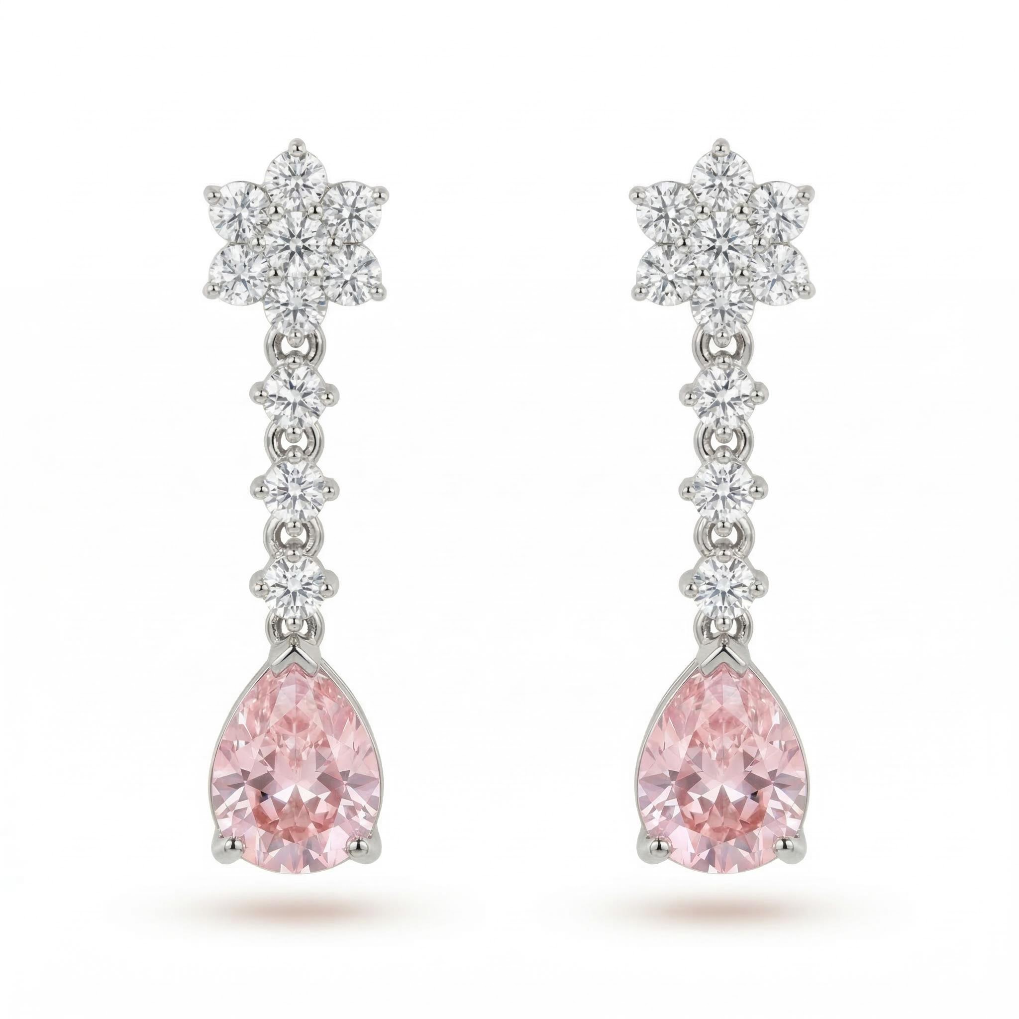 Floral Pink Pear Cut S925 Silver Drop Earrings With Street Luxury Shine - Image 3