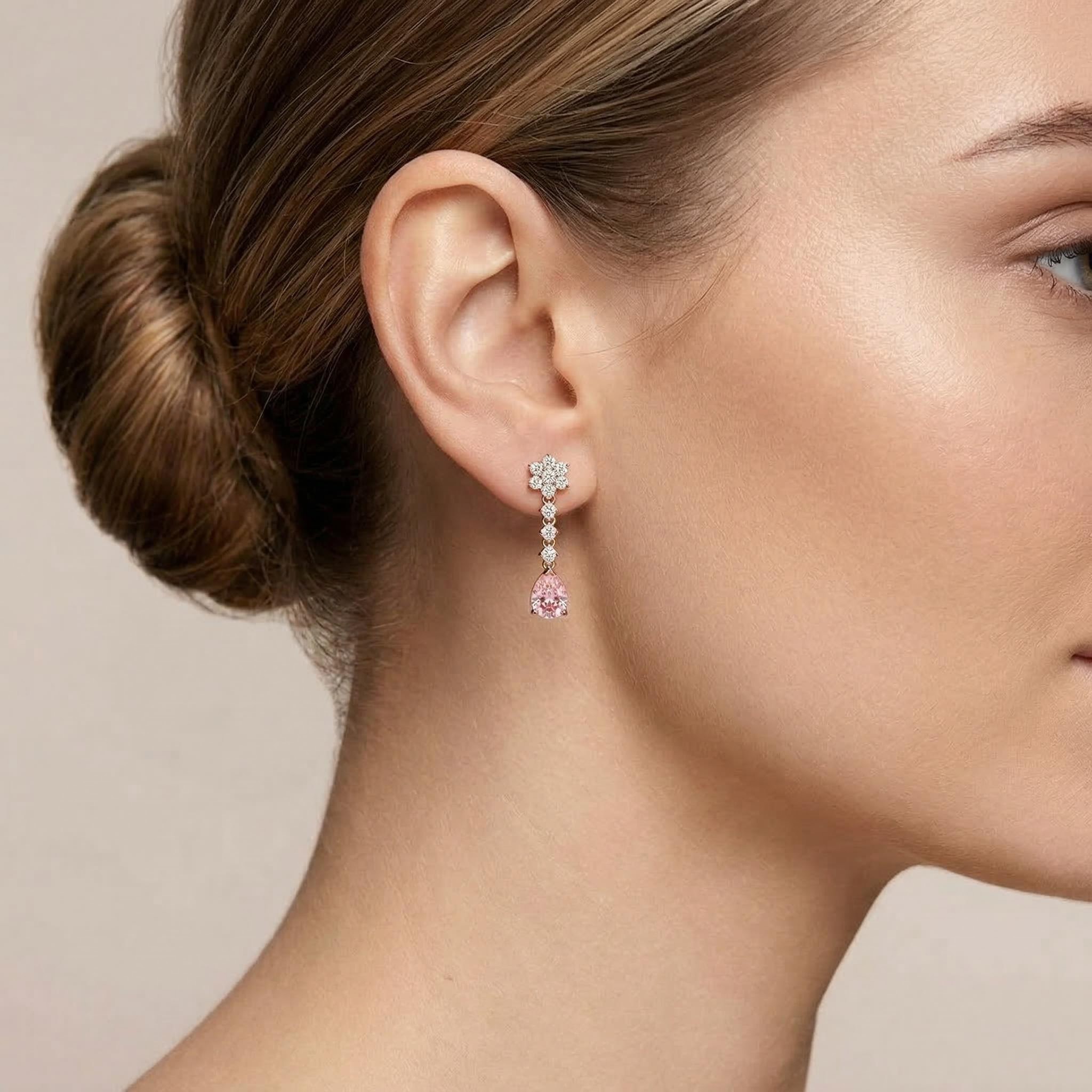 Floral Pink Pear Cut S925 Silver Drop Earrings With Street Luxury Shine - Image 5