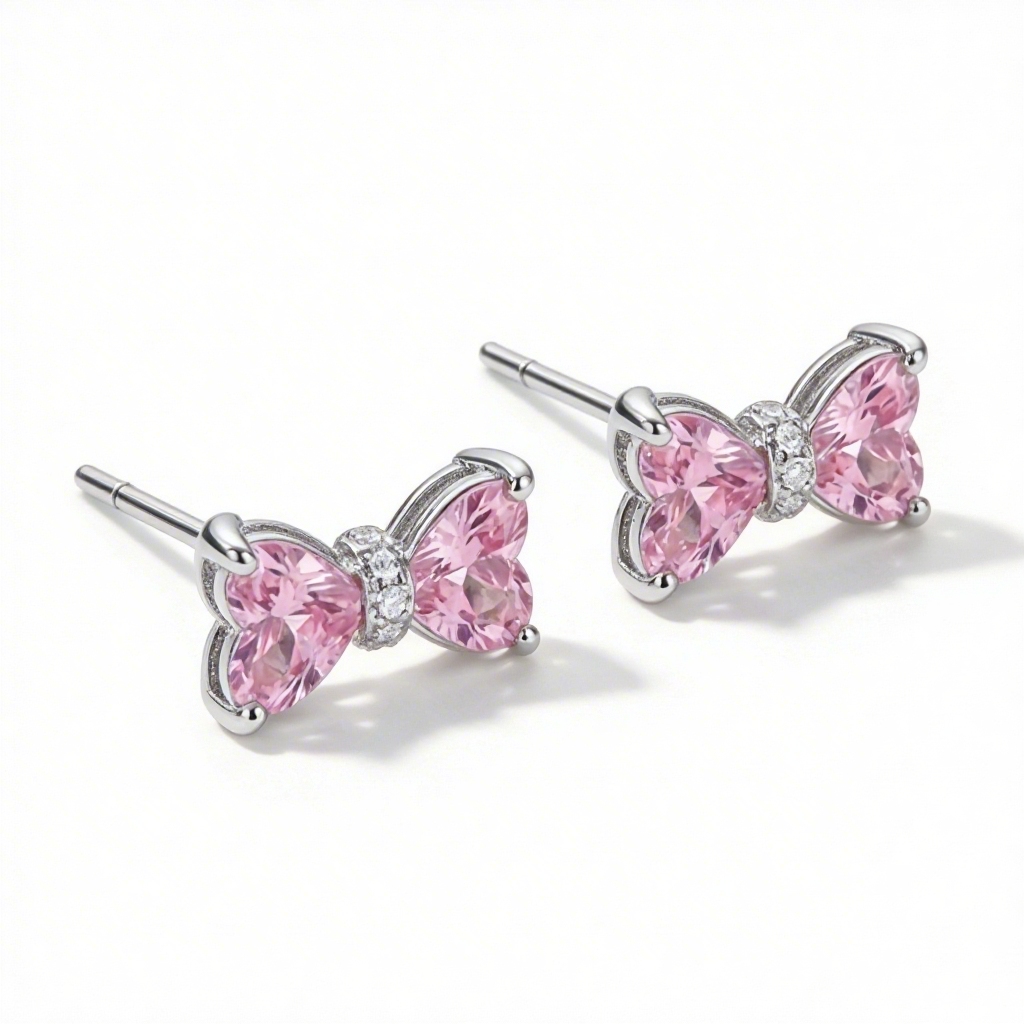 1.2ct. Tw. Bow-shaped Pink Heart Cut S925 Silver Earrings With Silver Shine - Image 5