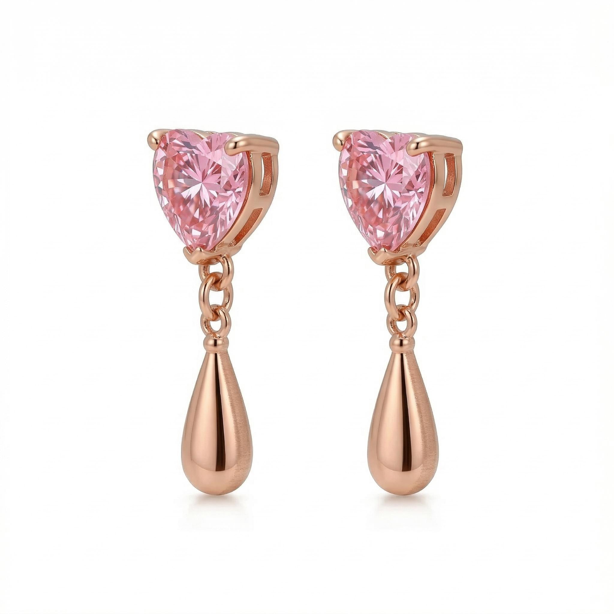 Bold 3.0 Ct.tw Pink Heart Cut With Water Drop Shaped S925 Silver Earrings - Image 3