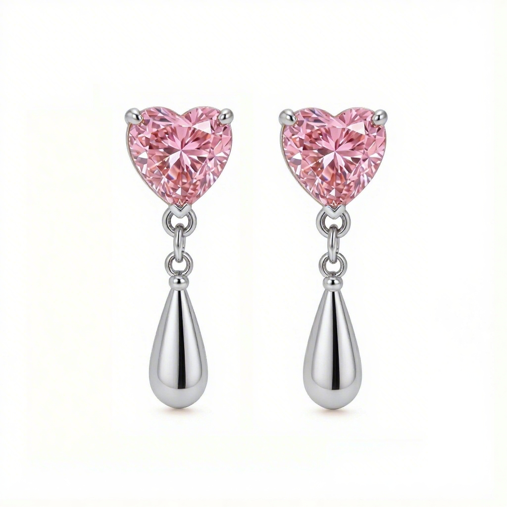 Bold 3.0 Ct.tw Pink Heart Cut With Water Drop Shaped S925 Silver Earrings - Image 4