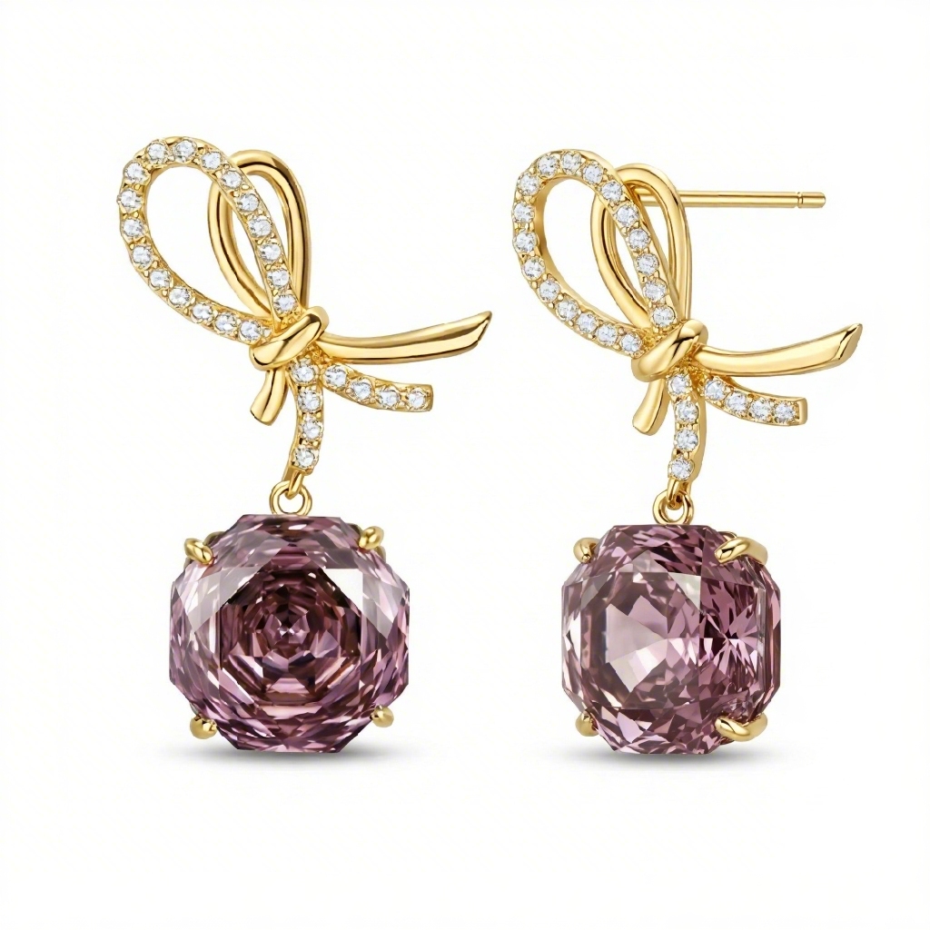Bow-shaped Purple Red Rose Cut S925 Silver Drop Earrings With Silver Shine - Image 3