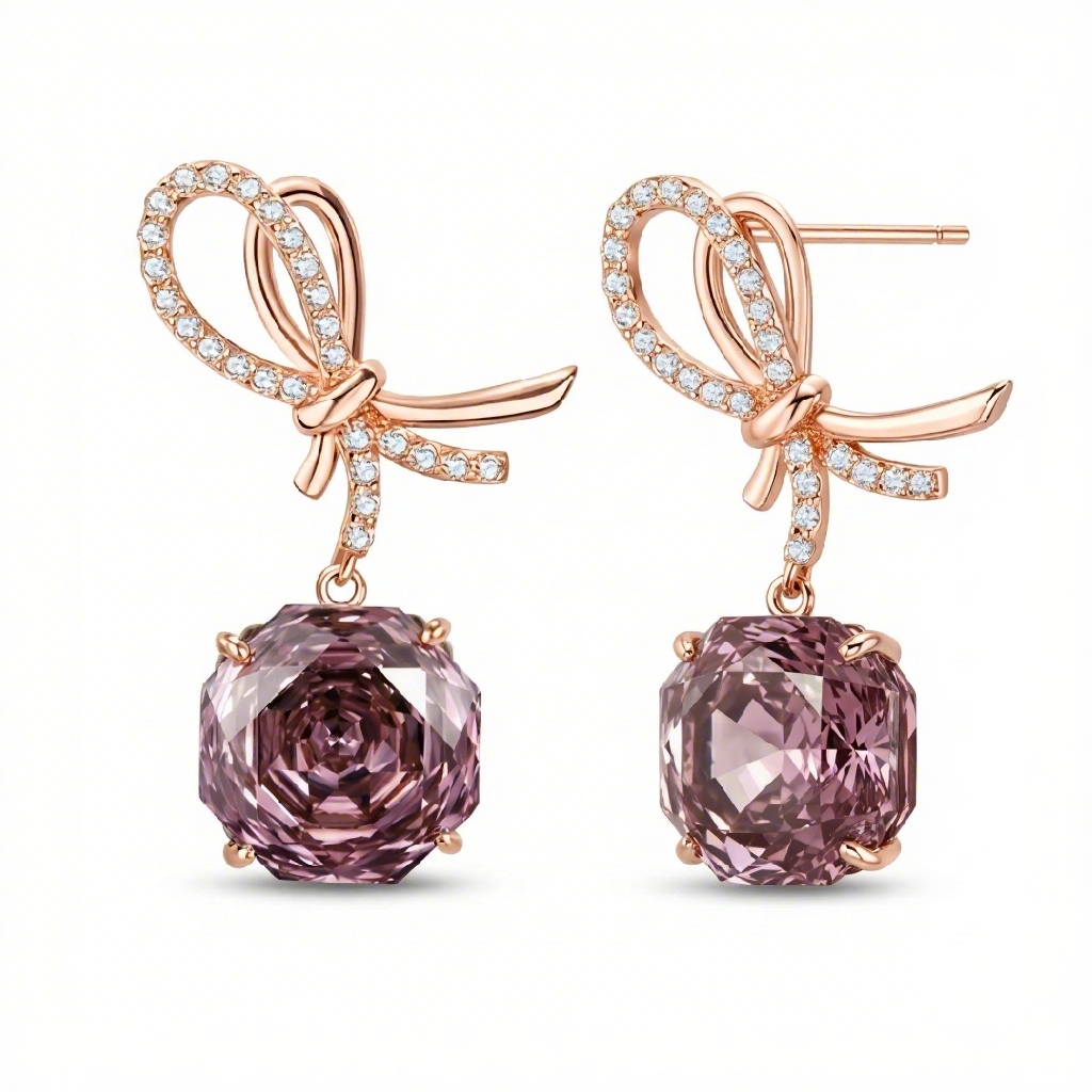 Bow-shaped Purple Red Rose Cut S925 Silver Drop Earrings With Silver Shine - Image 4