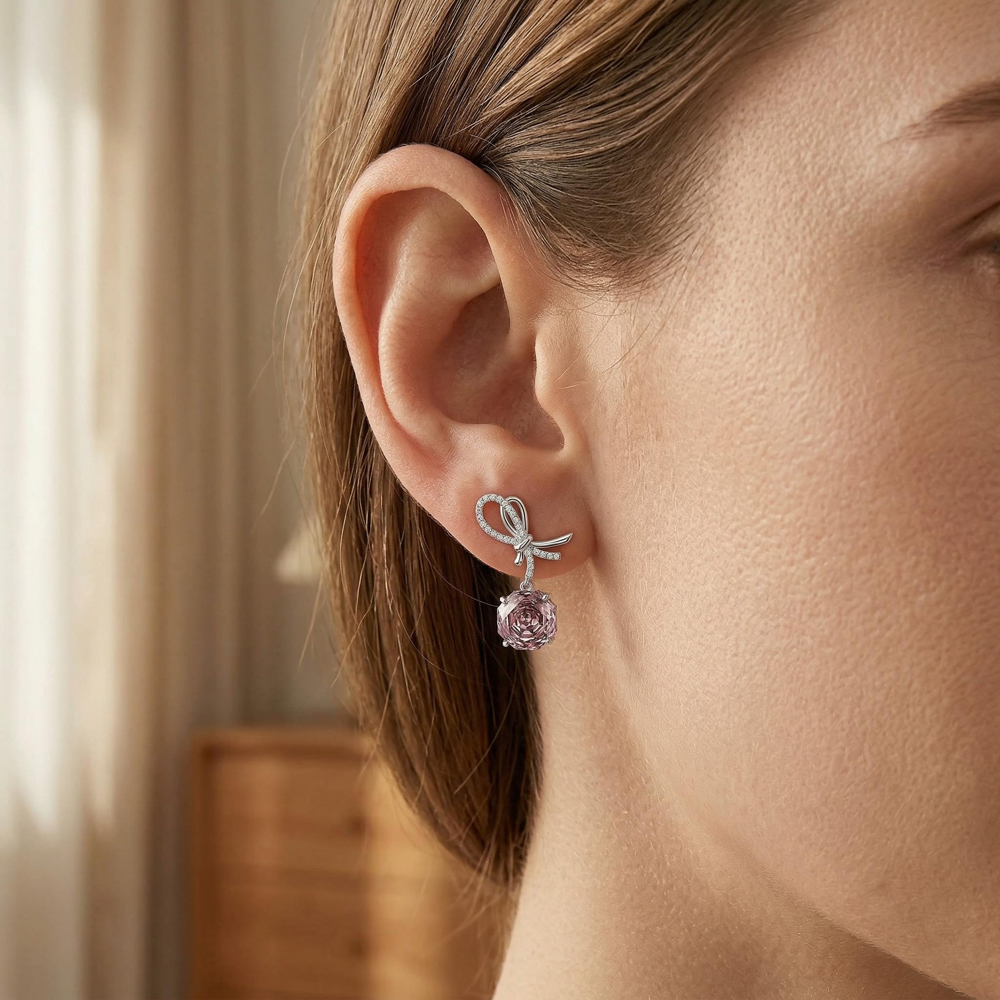 Bow-shaped Purple Red Rose Cut S925 Silver Drop Earrings With Silver Shine - Image 5