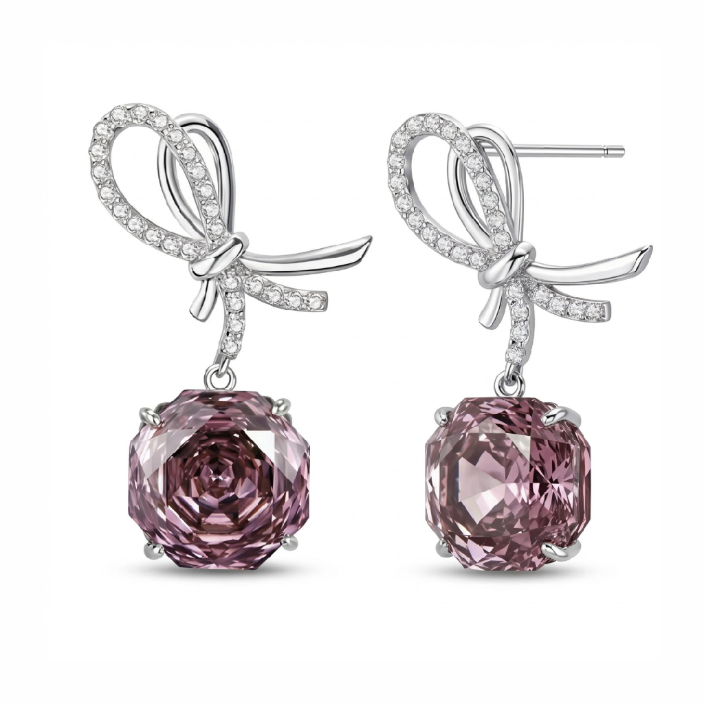 Bow-shaped Purple Red Rose Cut S925 Silver Drop Earrings With Silver Shine