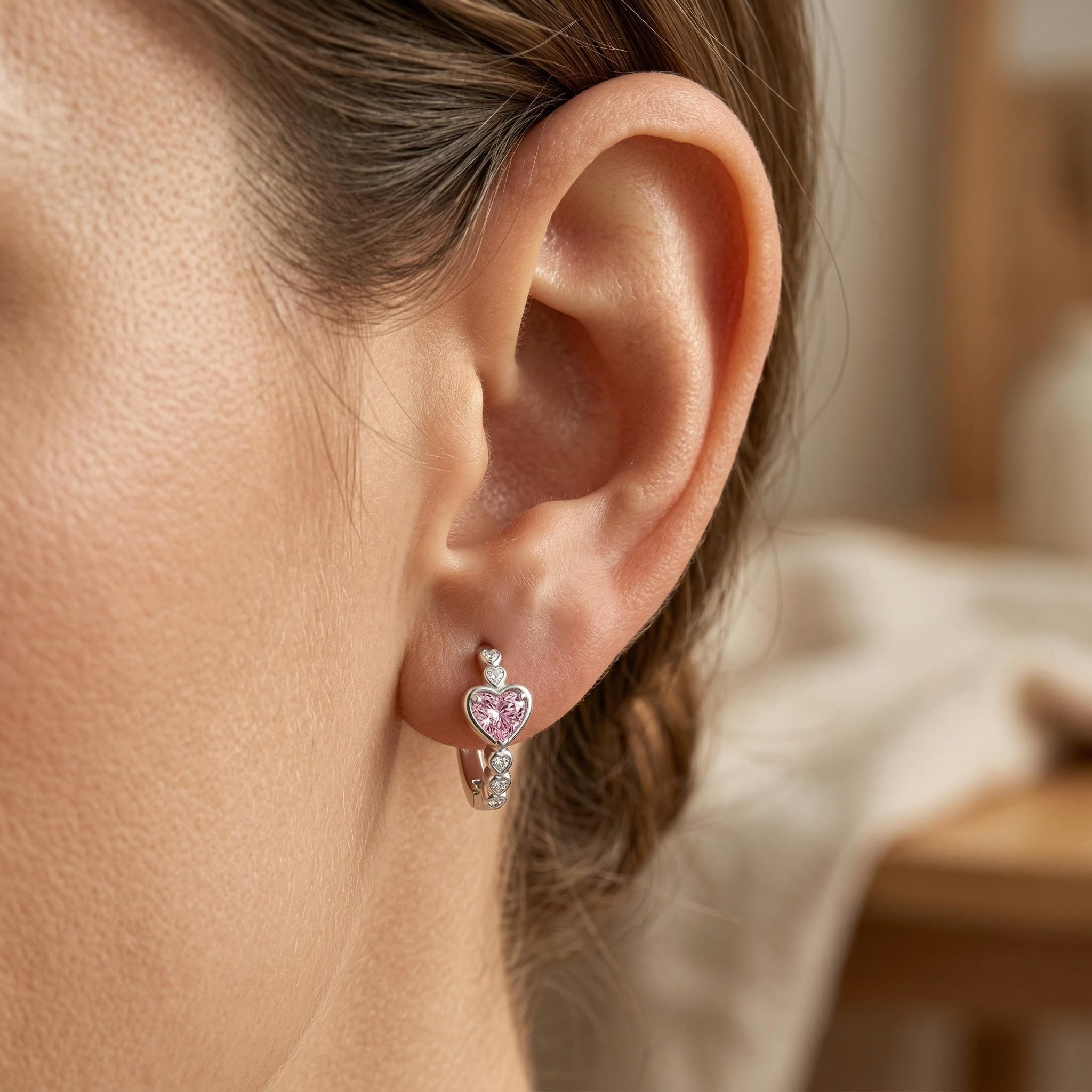 1.2 Ct.tw Heart-shaped Sparkling Pink Heart Cut S925 Silver Hoop Earrings - Image 5