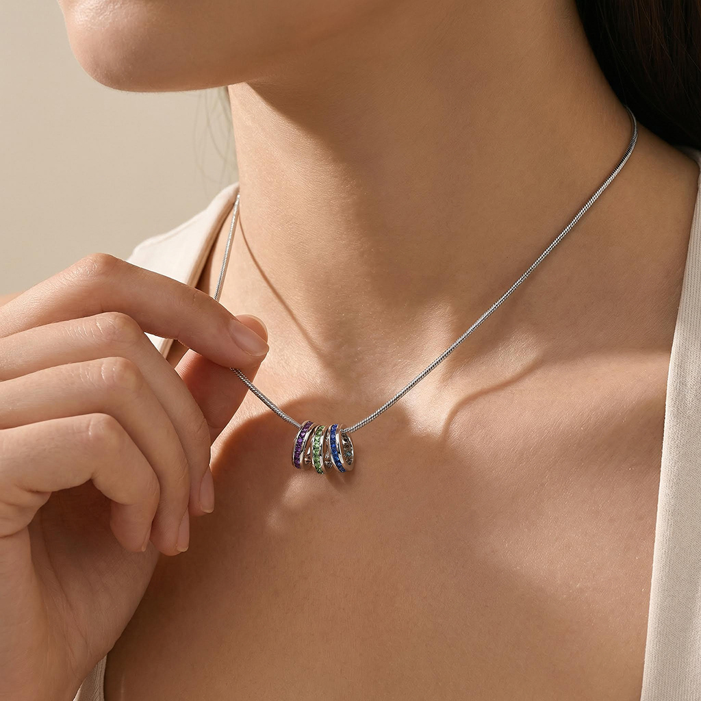 Personlized Stackable Eternity Birthstone Charm Necklace Silver - Image 4