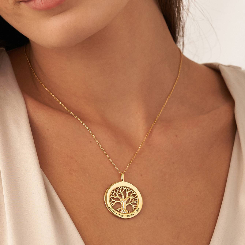 Engraved Diamond Family Tree Circle Necklace Moissanite - Image 3