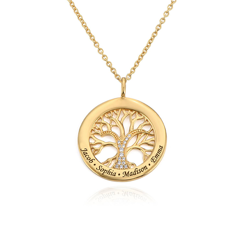 Engraved Diamond Family Tree Circle Necklace Moissanite