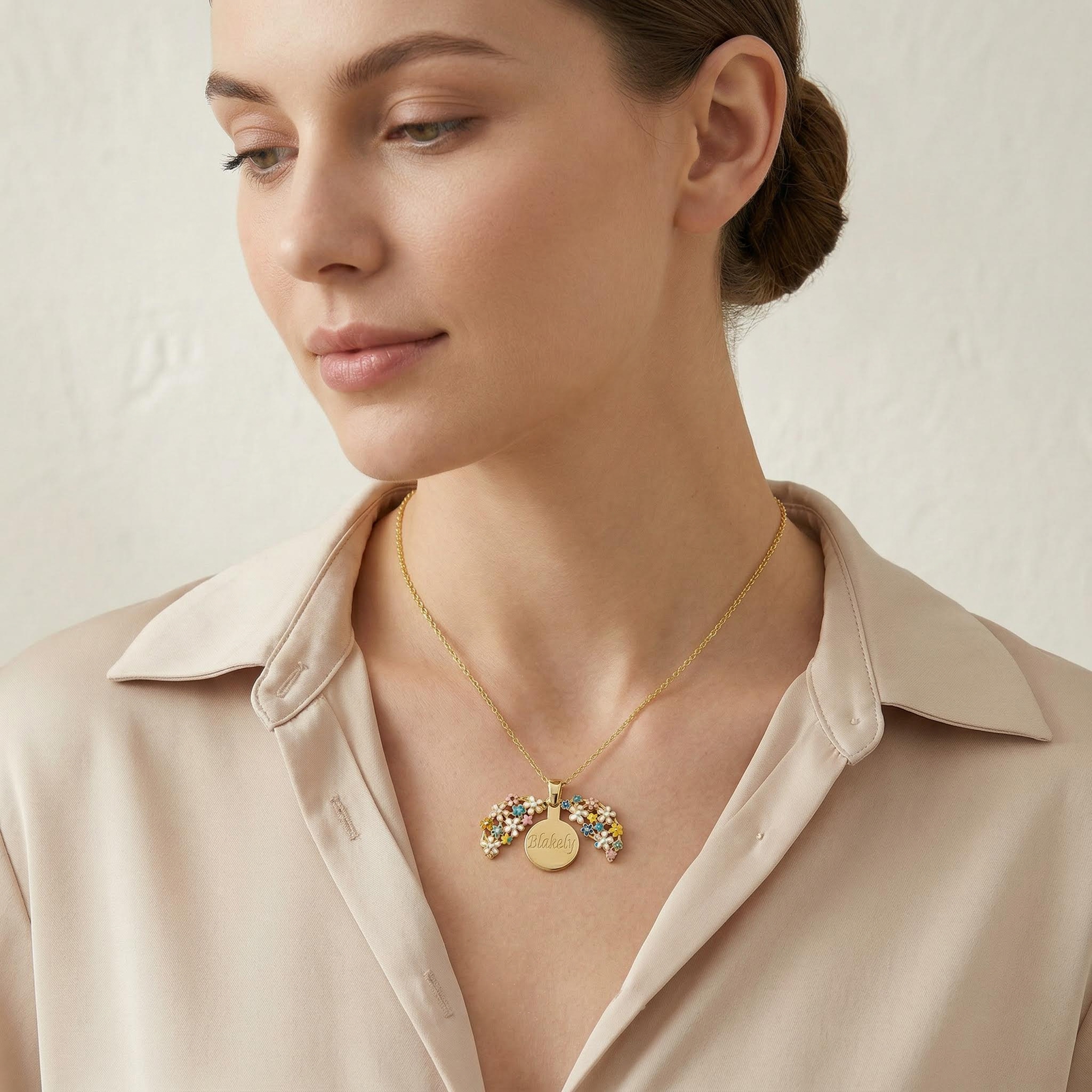 Engraved Enamel Floral Locket Necklace Silver With Street Luxury Shine - Image 3