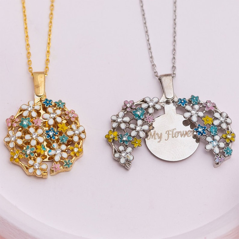 Engraved Enamel Floral Locket Necklace Silver With Street Luxury Shine - Image 6