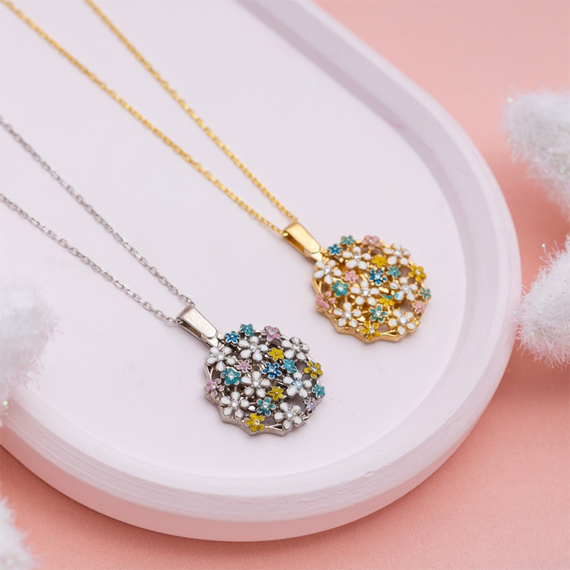 Engraved Enamel Floral Locket Necklace Silver With Street Luxury Shine - Image 7