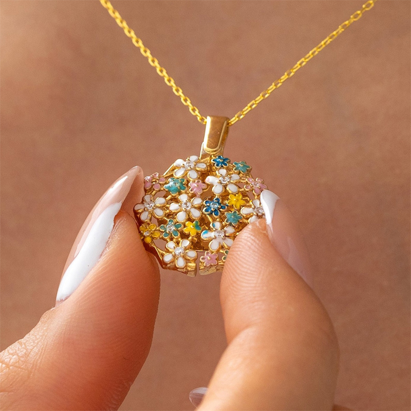 Engraved Enamel Floral Locket Necklace Silver With Street Luxury Shine - Image 8