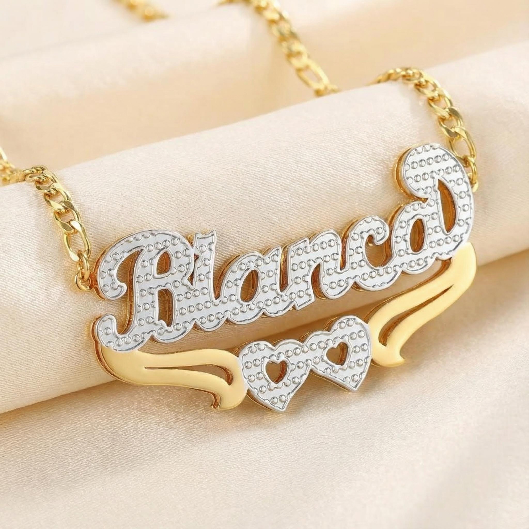 Double Layer Two-tone Heart Name Necklace Silver With Street Luxury Shine - Image 4