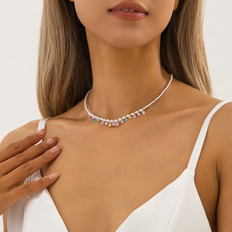 Elegant Multi-colored Gemstone & Pearl Necklace With Street Luxury Shine - Image 4