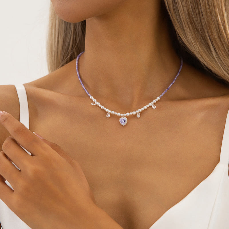 Unique White Pearl & Amethyst Crystal Necklace With Heart Pendant Silver - Image 3