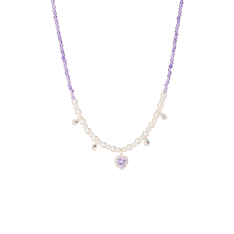 Unique White Pearl & Amethyst Crystal Necklace With Heart Pendant Silver