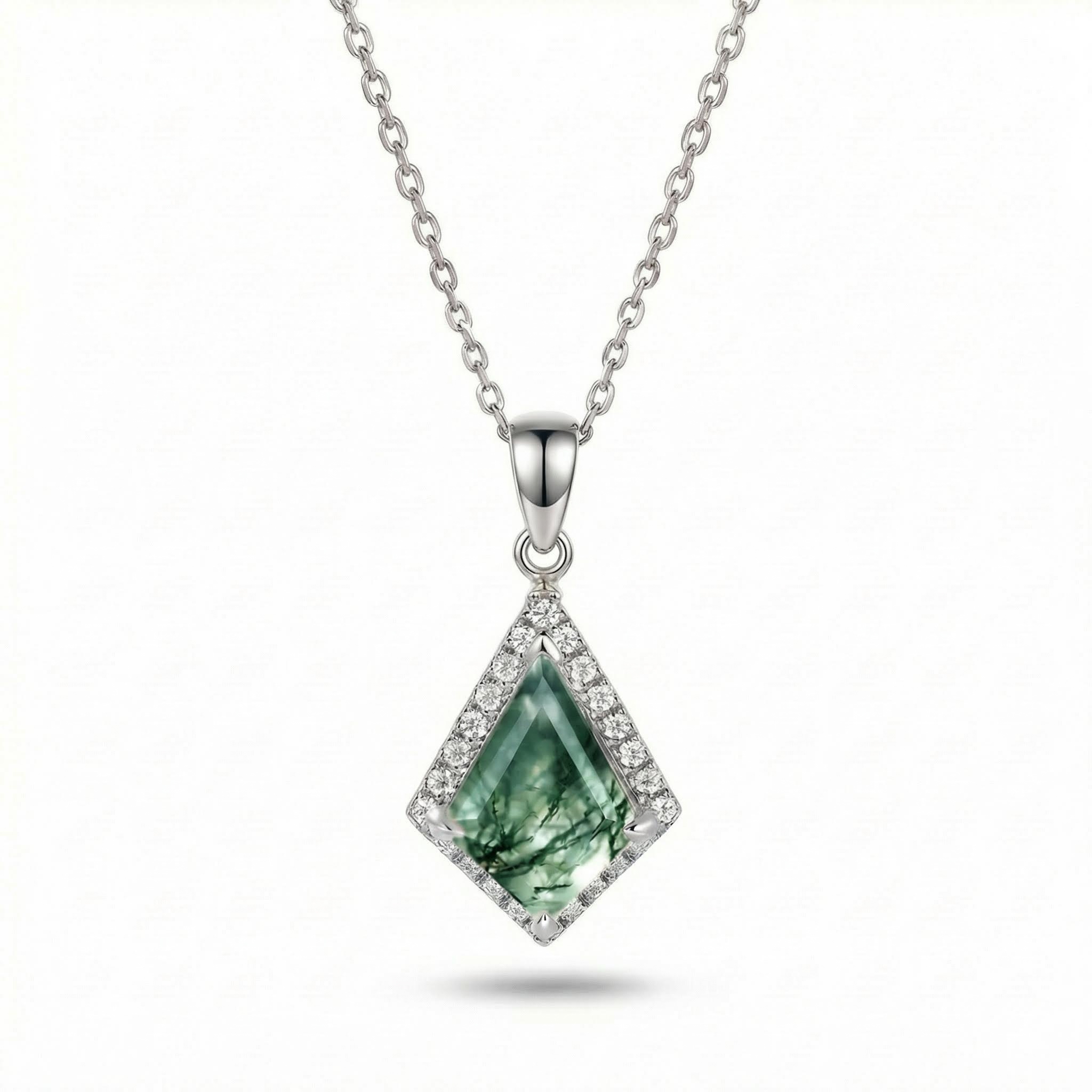1.41ct Kite Cut Moss Agate Women Diamond Halo Accented S925 Silver Pendant - Image 5