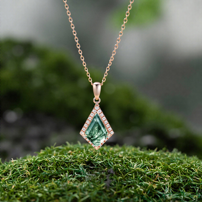 1.41ct Kite Cut Moss Agate Women Diamond Halo Accented S925 Silver Pendant - Image 6