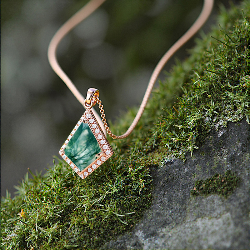 1.41ct Kite Cut Moss Agate Women Diamond Halo Accented S925 Silver Pendant - Image 8