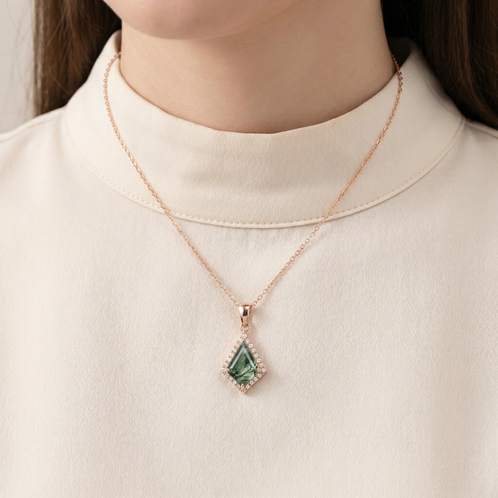 1.41ct Kite Cut Moss Agate Women Diamond Halo Accented S925 Silver Pendant - Image 10