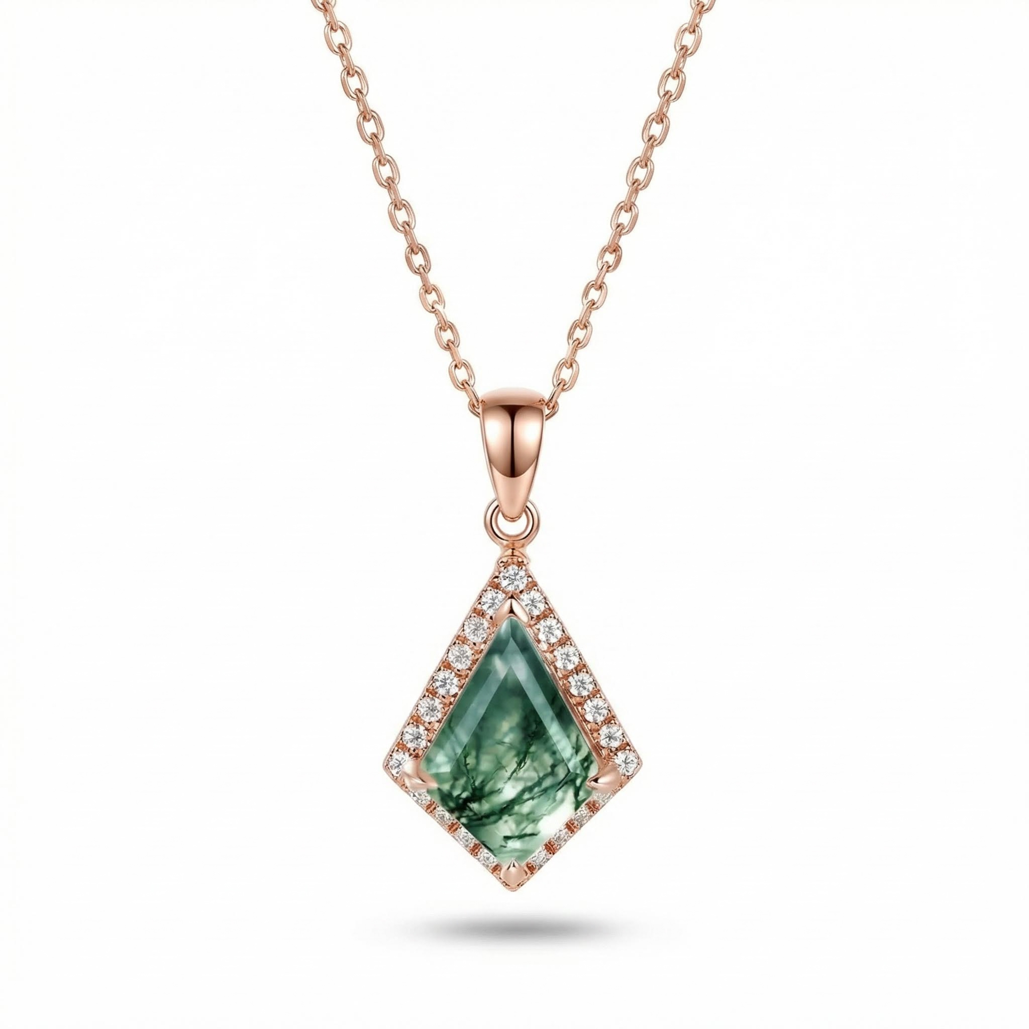 1.41ct Kite Cut Moss Agate Women Diamond Halo Accented S925 Silver Pendant