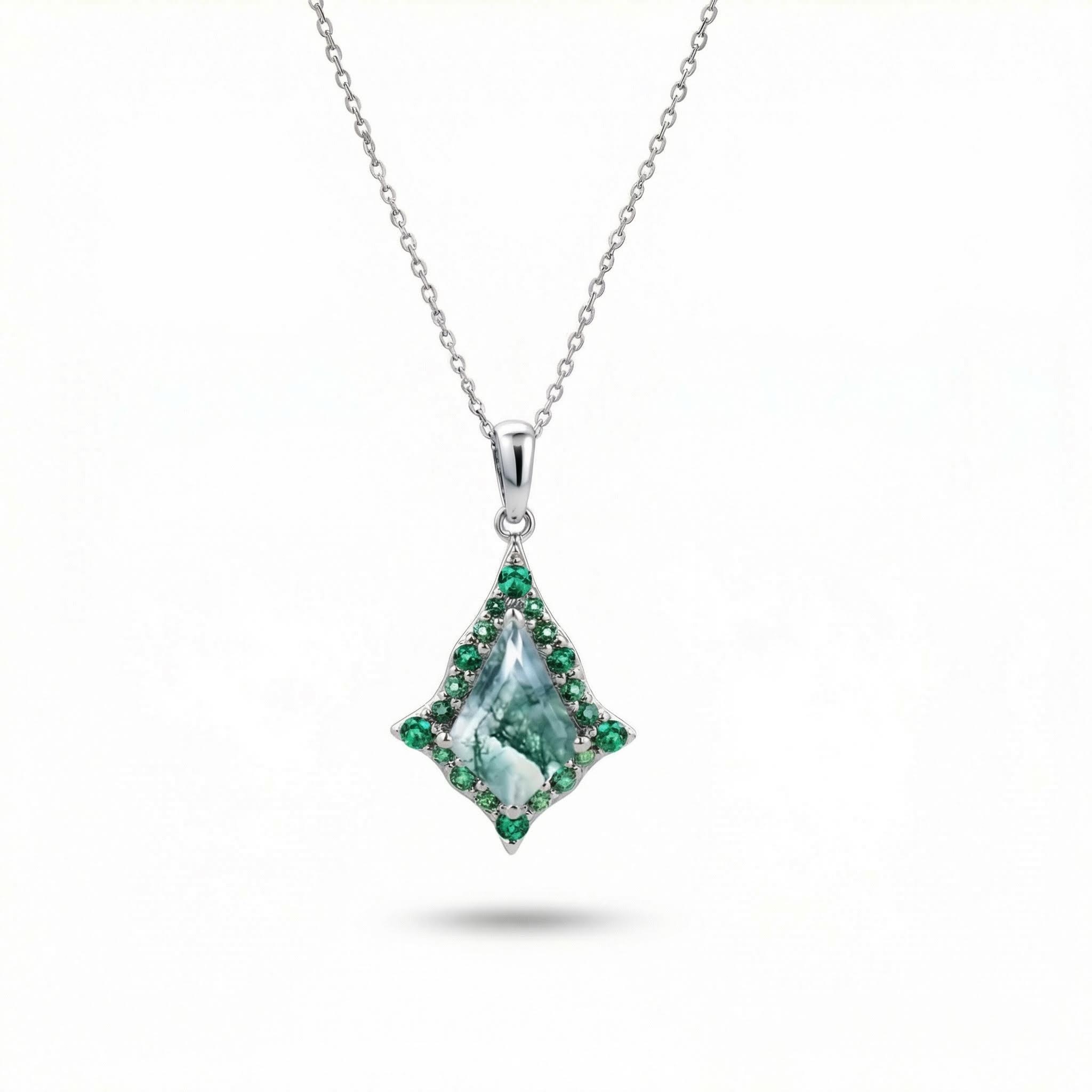 1.56ct Kite Cut Moss Agate With Flared Emerald Halo S925 Silver Pendant - Image 4