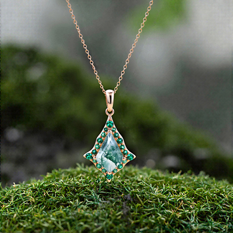 1.56ct Kite Cut Moss Agate With Flared Emerald Halo S925 Silver Pendant - Image 6