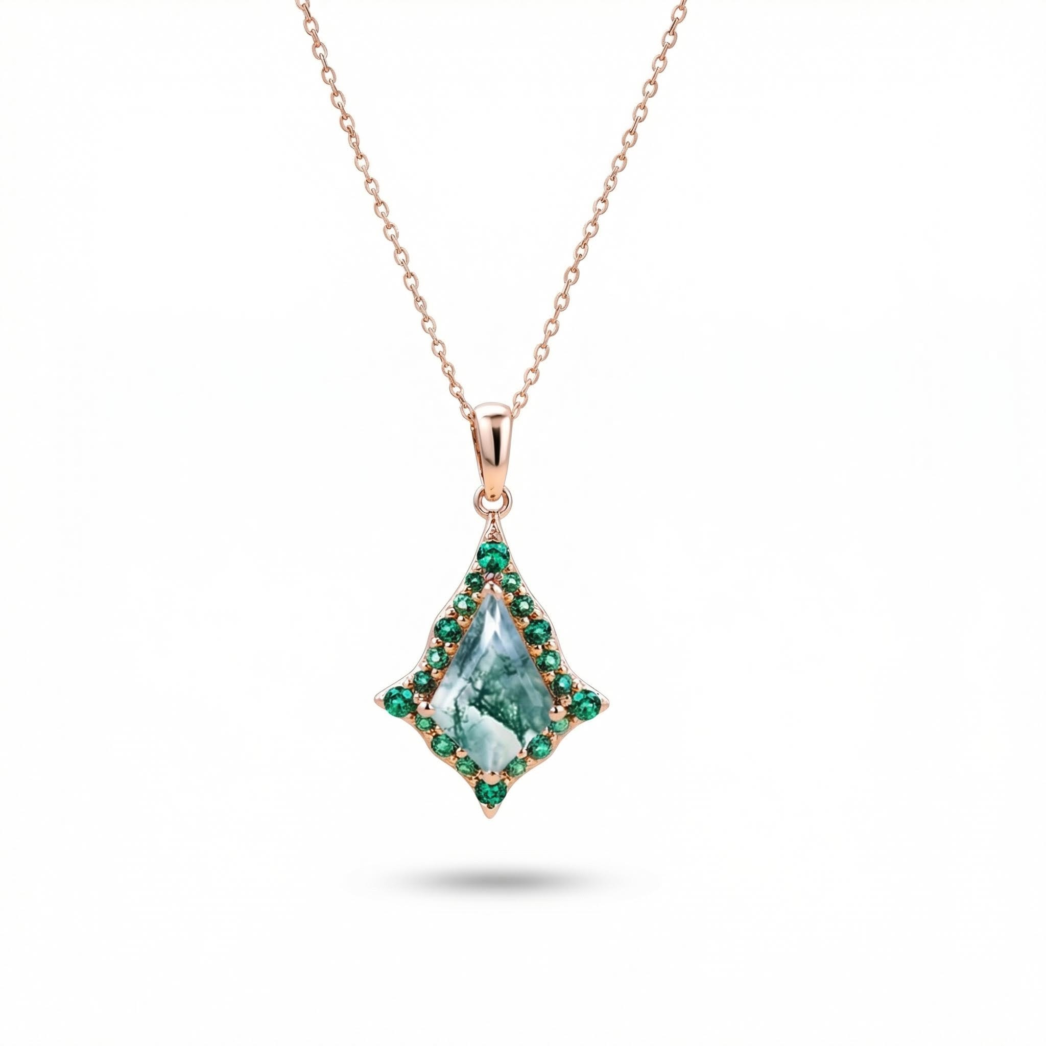 1.56ct Kite Cut Moss Agate With Flared Emerald Halo S925 Silver Pendant