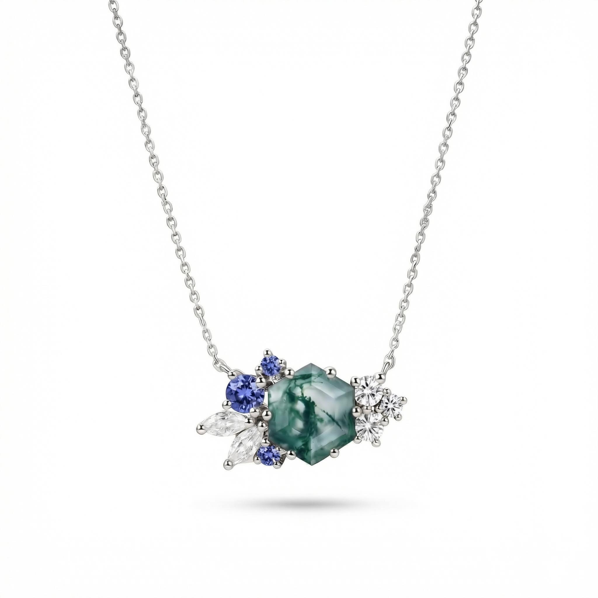 1.85ct Hexagon Moss Agate Art Deco Cluster S925 Silver Pendant Necklace - Image 4