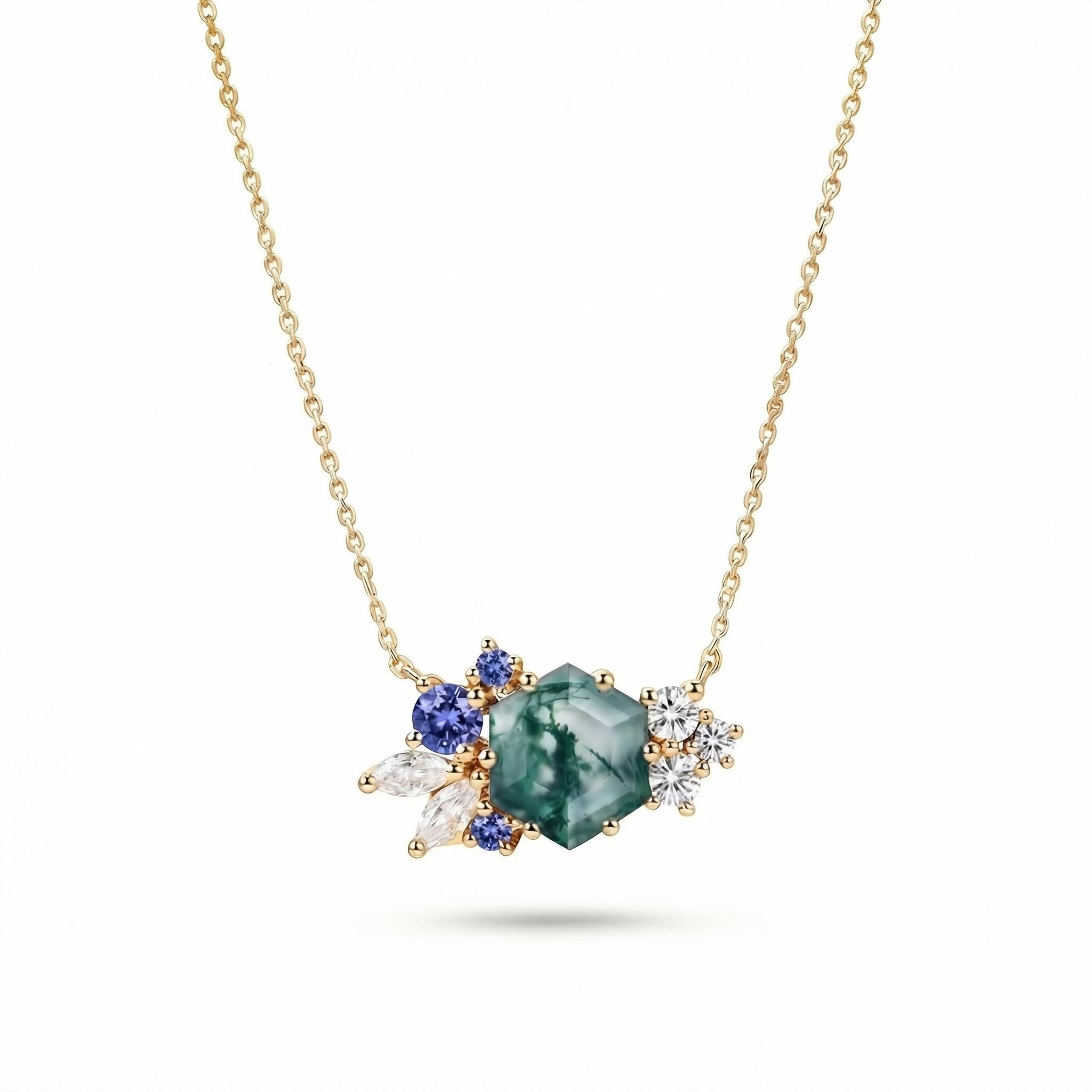 1.85ct Hexagon Moss Agate Art Deco Cluster S925 Silver Pendant Necklace - Image 5
