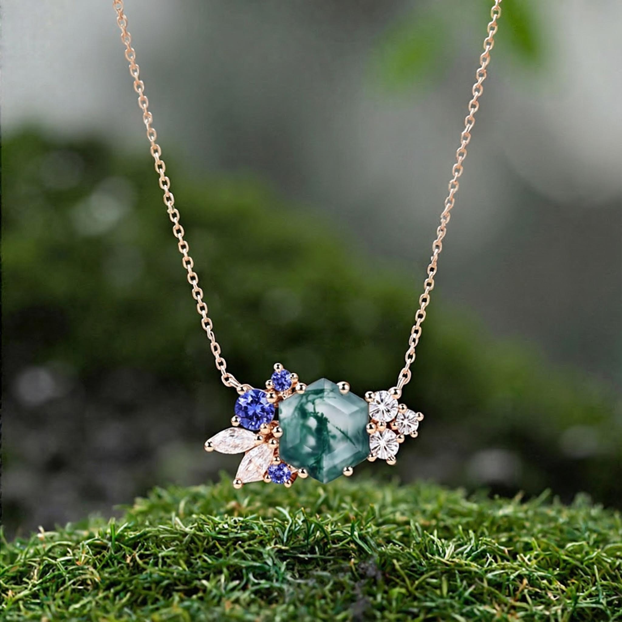 1.85ct Hexagon Moss Agate Art Deco Cluster S925 Silver Pendant Necklace - Image 6