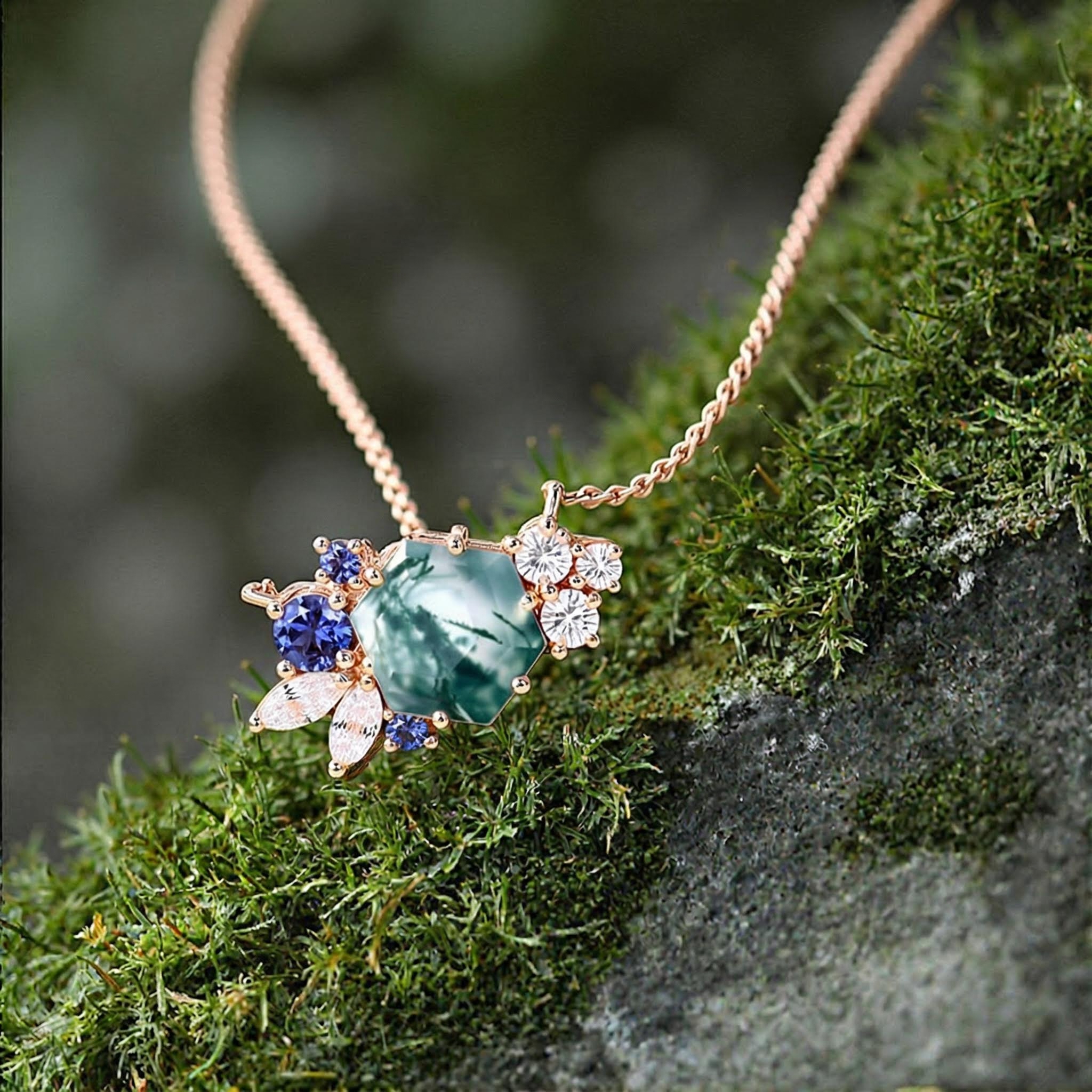 1.85ct Hexagon Moss Agate Art Deco Cluster S925 Silver Pendant Necklace - Image 8